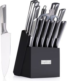 Kitchen Knife Set. LapEasy 15 Piece Knife Sets With Block Chef Knife Stainless Steel Hollow Handle Cutlery With Manual Sharpener (Color: BLACK)